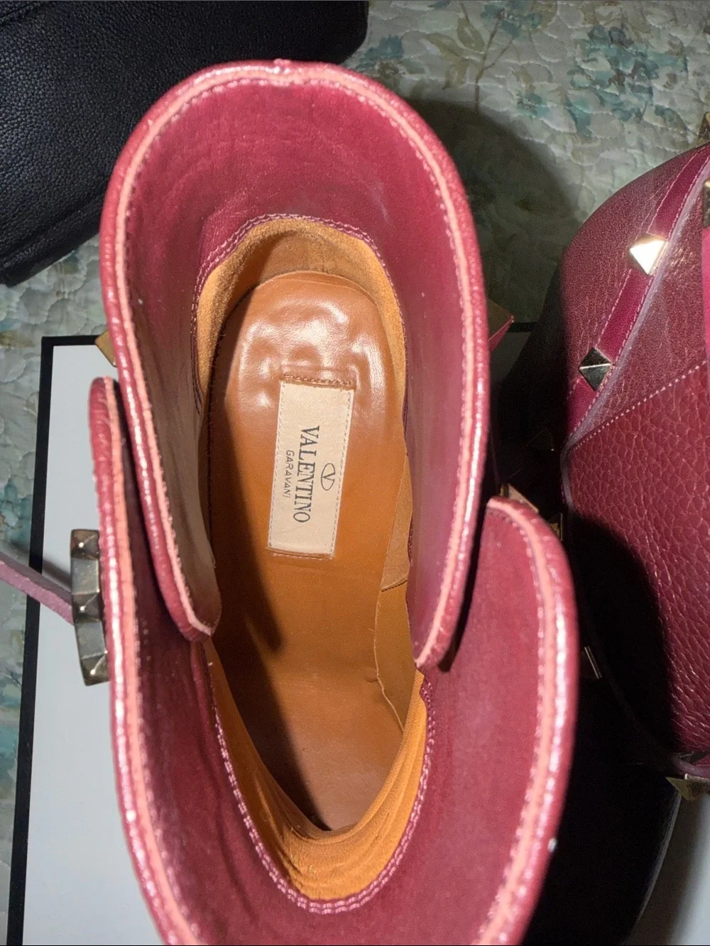 Valentino Garavani Wine Red Studded Leather Ankle Booties